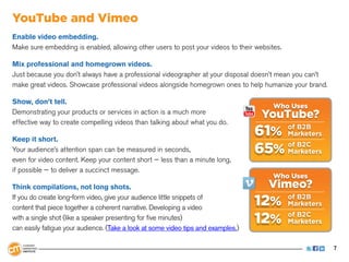 YouTube and Vimeo
Enable video embedding.
Make sure embedding is enabled, allowing other users to post your videos to thei...