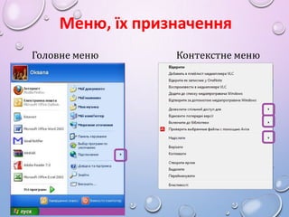 Меню, їх призначення
Головне меню

Контекстне меню

 
