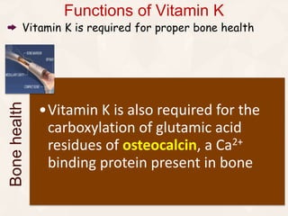 Functions of Vitamin K
Vitamin K is required for proper bone health
Bonehealth
•Vitamin K is also required for the
carboxylation of glutamic acid
residues of osteocalcin, a Ca2+
binding protein present in bone
 