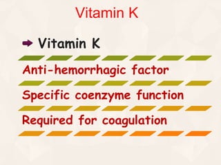 Vitamin K
Vitamin K
Anti-hemorrhagic factor
Specific coenzyme function
Required for coagulation
 