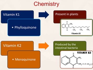 Chemistry
Vitamin K2
• Menaquinone
Produced by the
intestinal bacteria
Vitamin K1
• Phylloquinone
Present in plants
 