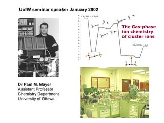 Dr Paul M. Mayer
Assistant Professor
Chemistry Department
University of Ottawa
UofW seminar speaker January 2002
The Gas-phase
ion chemistry
of cluster ions
 