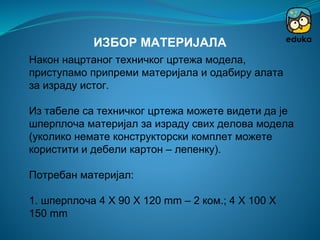 Након нацртаног техничког цртежа модела,
приступамо припреми материјала и одабиру алата
за израду истог.
Из табеле са техничког цртежа можете видети да је
шперплоча материјал за израду свих делова модела
(уколико немате конструкторски комплет можете
користити и дебели картон – лепенку).
Потребан материјал:
1. шперплоча 4 Х 90 Х 120 mm – 2 ком.; 4 Х 100 Х
150 mm
ИЗБОР МАТЕРИЈАЛА
 