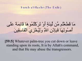 Surah al-Hashr (The Exile) مَا قَطَعْتُم مِّن لِّينَةٍ أَوْ تَرَكْتُمُوهَا قَائِمَةً عَلَى أُصُولِهَا فَبِإِذْنِ اللَّهِ وَلِيُخْزِيَ الْفَاسِقِينَ  [59:5]  Whatever palm-tree you cut down or leave standing upon its roots, It is by Allah's command, and that He may abase the transgressors.  