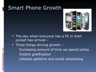Smart Phone Growth The day when everyone has a PC in their pocket has arrived – Three things driving growth – Increasing amount of time we spend online  Instant gratification Lifestyle patterns and social networking 