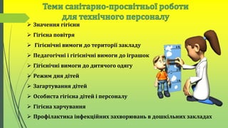  Значення гігієни
 Гігієна повітря
 Гігієнічні вимоги до території закладу
 Педагогічні і гігієнічні вимоги до іграшок
 Гігієнічні вимоги до дитячого одягу
 Режим дня дітей
 Загартування дітей
 Особиста гігієна дітей і персоналу
 Гігієна харчування
 Профілактика інфекційних захворювань в дошкільних закладах
 
