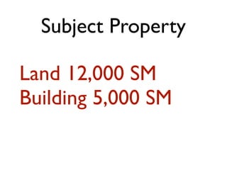 Subject Property 
Land 12,000 SM 
Building 5,000 SM 
 