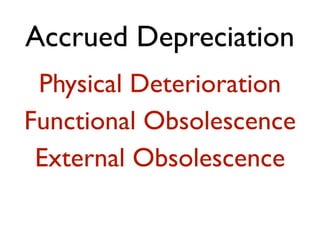 Accrued Depreciation 
Physical Deterioration 
Functional Obsolescence 
External Obsolescence 
 