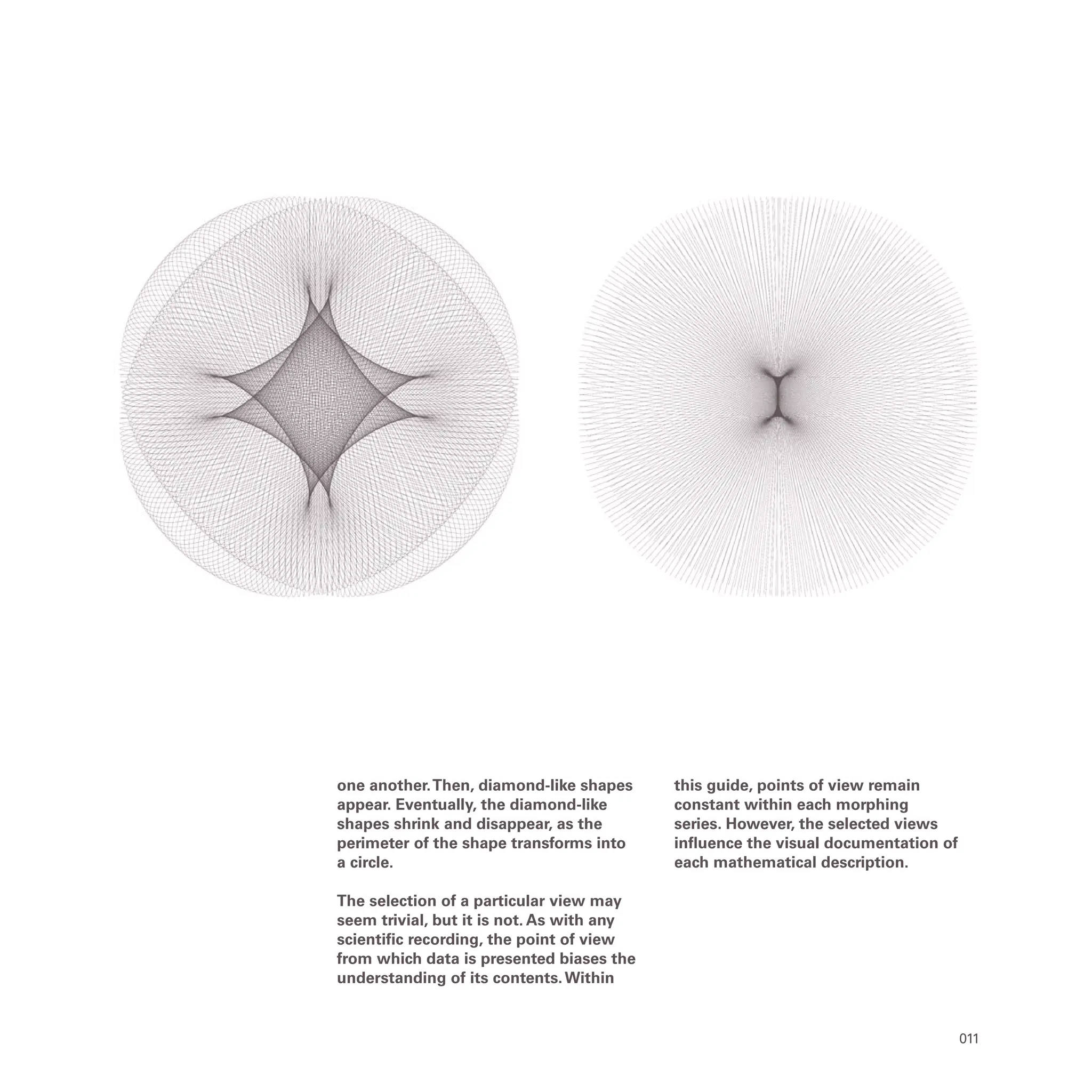 011
one another.Then, diamond-like shapes
appear. Eventually, the diamond-like
shapes shrink and disappear, as the
perimeter of the shape transforms into
a circle.
The selection of a particular view may
seem trivial, but it is not. As with any
scientific recording, the point of view
from which data is presented biases the
understanding of its contents.Within
this guide, points of view remain
constant within each morphing
series. However, the selected views
influence the visual documentation of
each mathematical description.
 