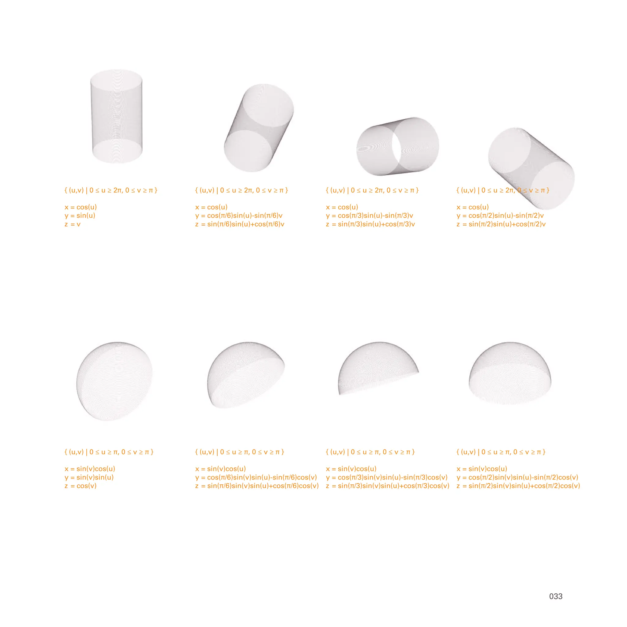 { (u,v) | 0 ≤ u ≥ π, 0 ≤ v ≥ π }
x = sin(v)cos(u)
y = cos(π/2)sin(v)sin(u)-sin(π/2)cos(v)
z = sin(π/2)sin(v)sin(u)+cos(π/2)cos(v)
{ (u,v) | 0 ≤ u ≥ π, 0 ≤ v ≥ π }
x = sin(v)cos(u)
y = cos(π/3)sin(v)sin(u)-sin(π/3)cos(v)
z = sin(π/3)sin(v)sin(u)+cos(π/3)cos(v)
{ (u,v) | 0 ≤ u ≥ π, 0 ≤ v ≥ π }
x = sin(v)cos(u)
y = cos(π/6)sin(v)sin(u)-sin(π/6)cos(v)
z = sin(π/6)sin(v)sin(u)+cos(π/6)cos(v)
{ (u,v) | 0 ≤ u ≥ π, 0 ≤ v ≥ π }
x = sin(v)cos(u)
y = sin(v)sin(u)
z = cos(v)
{ (u,v) | 0 ≤ u ≥ 2π, 0 ≤ v ≥ π }
x = cos(u)
y = cos(π/2)sin(u)-sin(π/2)v
z = sin(π/2)sin(u)+cos(π/2)v
{ (u,v) | 0 ≤ u ≥ 2π, 0 ≤ v ≥ π }
x = cos(u)
y = cos(π/3)sin(u)-sin(π/3)v
z = sin(π/3)sin(u)+cos(π/3)v
{ (u,v) | 0 ≤ u ≥ 2π, 0 ≤ v ≥ π }
x = cos(u)
y = cos(π/6)sin(u)-sin(π/6)v
z = sin(π/6)sin(u)+cos(π/6)v
{ (u,v) | 0 ≤ u ≥ 2π, 0 ≤ v ≥ π }
x = cos(u)
y = sin(u)
z = v
033
 