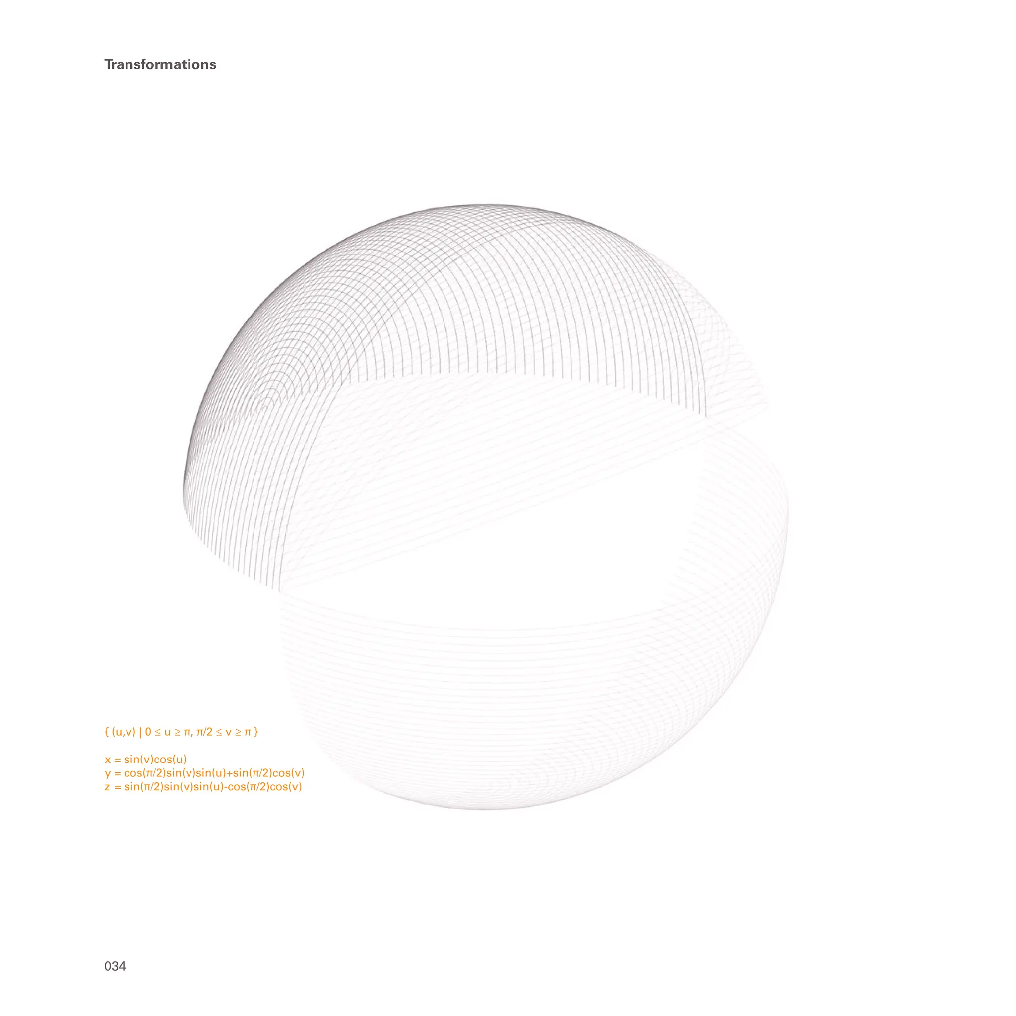 { (u,v) | 0 ≤ u ≥ π, π/2 ≤ v ≥ π }
x = sin(v)cos(u)
y = cos(π/2)sin(v)sin(u)+sin(π/2)cos(v)
z = sin(π/2)sin(v)sin(u)-cos(π/2)cos(v)
034
Transformations
 