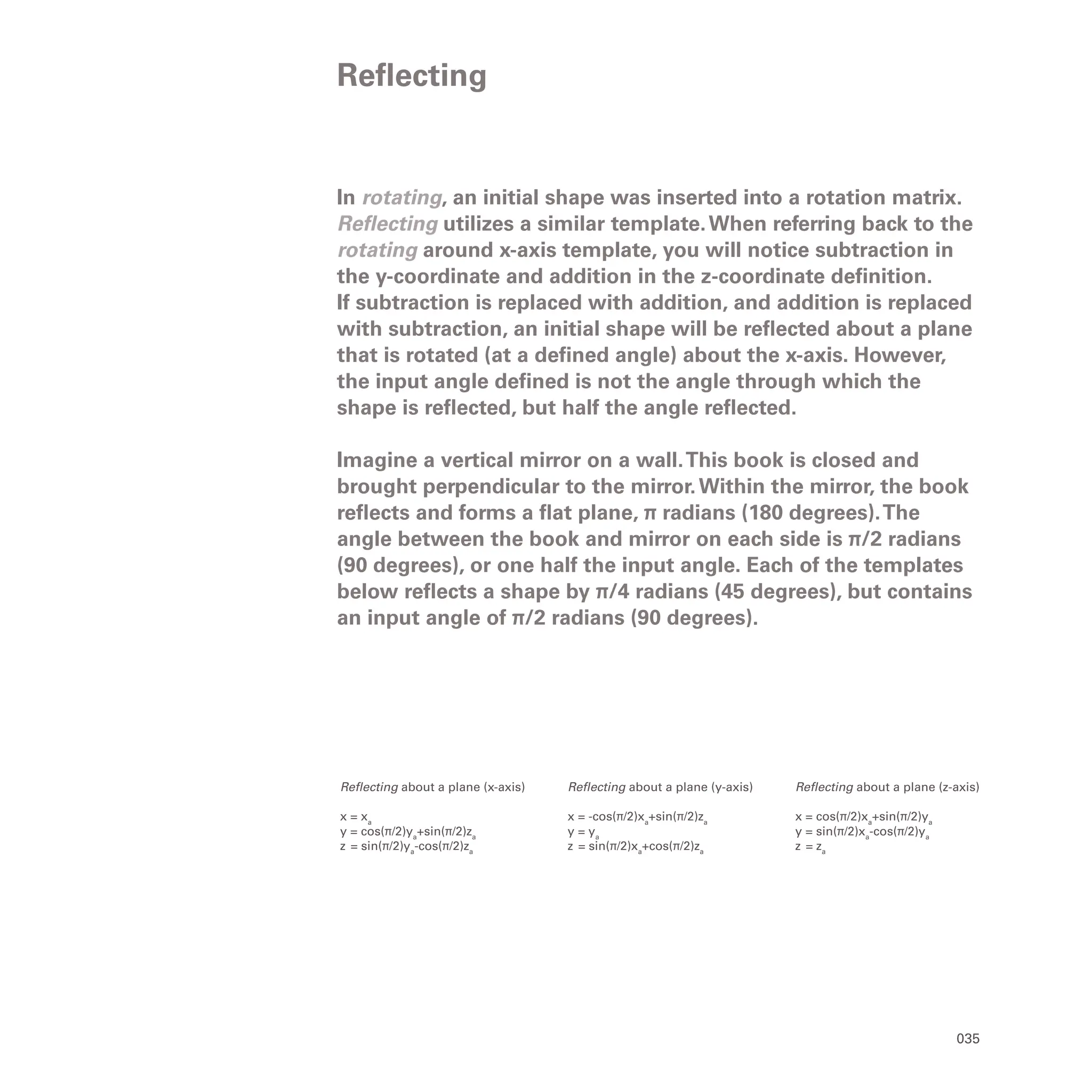 035
In rotating, an initial shape was inserted into a rotation matrix.
Reflecting utilizes a similar template.When referring back to the
rotating around x-axis template, you will notice subtraction in
the y-coordinate and addition in the z-coordinate definition.
If subtraction is replaced with addition, and addition is replaced
with subtraction, an initial shape will be reflected about a plane
that is rotated (at a defined angle) about the x-axis. However,
the input angle defined is not the angle through which the
shape is reflected, but half the angle reflected.
Imagine a vertical mirror on a wall.This book is closed and
brought perpendicular to the mirror.Within the mirror, the book
reflects and forms a flat plane, π radians (180 degrees).The
angle between the book and mirror on each side is π/2 radians
(90 degrees), or one half the input angle. Each of the templates
below reflects a shape by π/4 radians (45 degrees), but contains
an input angle of π/2 radians (90 degrees).
Reflecting
Reflecting about a plane (z-axis)
x = cos(π/2)xa
+sin(π/2)ya
y = sin(π/2)xa
-cos(π/2)ya
z = za
Reflecting about a plane (y-axis)
x = -cos(π/2)xa
+sin(π/2)za
y = ya
z = sin(π/2)xa
+cos(π/2)za
Reflecting about a plane (x-axis)
x = xa
y = cos(π/2)ya
+sin(π/2)za
z = sin(π/2)ya
-cos(π/2)za
 