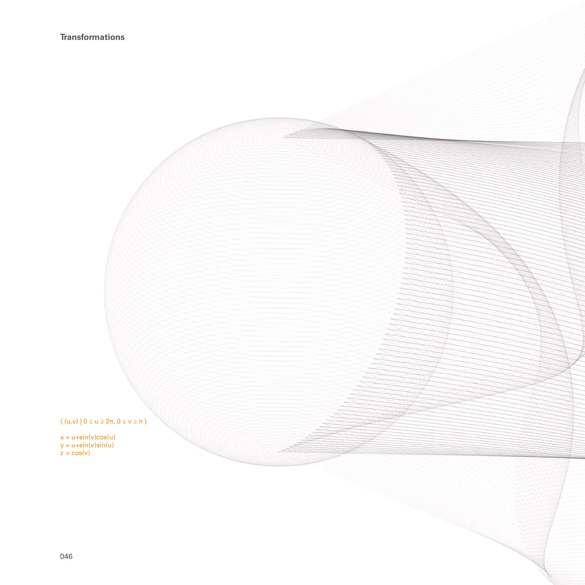 { (u,v) | 0 ≤ u ≥ 2π, 0 ≤ v ≥ π }
x = u+sin(v)cos(u)
y = u+sin(v)sin(u)
z = cos(v)
046
Transformations
 