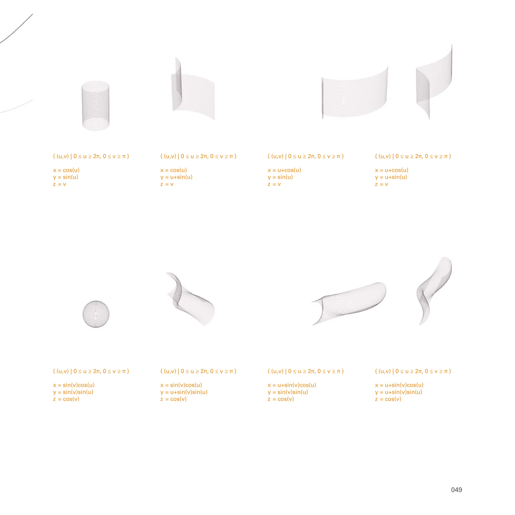 { (u,v) | 0 ≤ u ≥ 2π, 0 ≤ v ≥ π }
x = u+sin(v)cos(u)
y = u+sin(v)sin(u)
z = cos(v)
{ (u,v) | 0 ≤ u ≥ 2π, 0 ≤ v ≥ π }
x = u+sin(v)cos(u)
y = sin(v)sin(u)
z = cos(v)
{ (u,v) | 0 ≤ u ≥ 2π, 0 ≤ v ≥ π }
x = sin(v)cos(u)
y = u+sin(v)sin(u)
z = cos(v)
{ (u,v) | 0 ≤ u ≥ 2π, 0 ≤ v ≥ π }
x = sin(v)cos(u)
y = sin(v)sin(u)
z = cos(v)
{ (u,v) | 0 ≤ u ≥ 2π, 0 ≤ v ≥ π }
x = u+cos(u)
y = u+sin(u)
z = v
{ (u,v) | 0 ≤ u ≥ 2π, 0 ≤ v ≥ π }
x = u+cos(u)
y = sin(u)
z = v
{ (u,v) | 0 ≤ u ≥ 2π, 0 ≤ v ≥ π }
x = cos(u)
y = u+sin(u)
z = v
{ (u,v) | 0 ≤ u ≥ 2π, 0 ≤ v ≥ π }
x = cos(u)
y = sin(u)
z = v
049
 