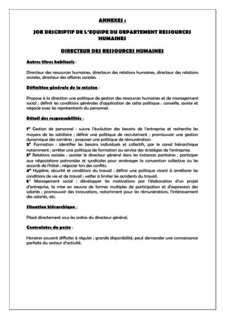 ANNEXES :
JOB DESCRIPTIF DE L’EQUIPE DU DEPARTEMENT RESSOURCES
HUMAINES
DIRECTEUR DES RESSOURCES HUMAINES
Autres titres habituels :
Directeur des ressources humaines, directeurs des relations humaines, directeur des relations
sociales, directeur des affaires sociales.
Définition générale de la mission :
Propose à la direction une politique de gestion des ressources humaines et de management
social ; définit les conditions générales d’application de cette politique ; conseille, assiste et
négocie avec les représentants du personnel.
Détail des responsabilités :
1° Gestion de personnel : suivre l’évolution des besoins de l’entreprise et recherche les
moyens de les satisfaire ; définir une politique de recrutement ; promouvoir une gestion
dynamique des carrières ; proposer une politique de rémunération.
2° Formation : identifier les besoins individuels et collectifs, par le canal hiérarchique
notamment ; arrêter une politique de formation au service des stratégies de l’entreprise.
3° Relations sociales : assister le directeur général dans les instances paritaires ; participer
aux négociations patronales et syndicales pour aménager la convention collective ou les
accords de l’hôtel ; négocier lors des conflits.
4° Hygiène, sécurité et conditions du travail : définir une politique visant à améliorer les
conditions de vie et de travail ; veiller à limiter les accidents du travail.
5° Management social : développer les motivations par l’élaboration d’un projet
d’entreprise, la mise en oeuvre de formes multiples de participation et d’expression des
salariés ; promouvoir des innovations, notamment pour les rémunérations, l’intéressement
des salariés, etc.
Situation hiérarchique :
Placé directement sous les ordres du directeur général.
Contraintes du poste :
Horaires souvent difficiles à réguler ; grande disponibilité, peut demander une connaissance
parfaite du secteur d’activité.
 