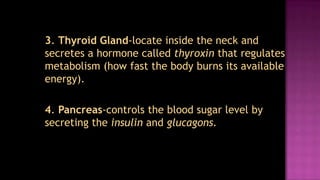 3. Thyroid Gland-locate inside the neck and
secretes a hormone called thyroxin that regulates
metabolism (how fast the body burns its available
energy).

4. Pancreas-controls the blood sugar level by
secreting the insulin and glucagons.
 