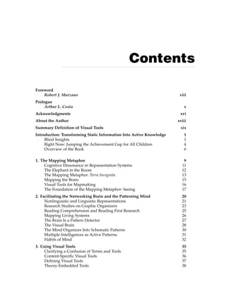 Contents
Foreword
Robert J. Marzano viii
Prologue
Arthur L. Costa x
Acknowledgments xvi
About the Author xviii
Summary Definition of Visual Tools xix
Introduction: Transforming Static Information Into Active Knowledge 1
Blind Insights 1
Right Now: Jumping the Achievement Gap for All Children 4
Overview of the Book 6
1. The Mapping Metaphor 9
Cognitive Dissonance in Representation Systems 11
The Elephant in the Room 12
The Mapping Metaphor: Terra Incognita 13
Mapping the Brain 15
Visual Tools for Mapmaking 16
The Foundation of the Mapping Metaphor: Seeing 17
2. Facilitating the Networking Brain and the Patterning Mind 20
Nonlinguistic and Linguistic Representations 21
Research Studies on Graphic Organizers 23
Reading Comprehension and Reading First Research 25
Mapping Living Systems 26
The Brain Is a Pattern Detector 27
The Visual Brain 28
The Mind Organizes Into Schematic Patterns 30
Multiple Intelligences as Active Patterns 31
Habits of Mind 32
3. Using Visual Tools 35
Clarifying a Confusion of Terms and Tools 35
Content-Specific Visual Tools 36
Defining Visual Tools 37
Theory-Embedded Tools 38
 