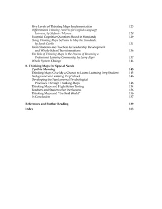 Five Levels of Thinking Maps Implementation 123
Differentiated Thinking Patterns for English-Language
Learners, by Stefanie Holzman 128
Essential Cognitive Questions Based in Standards 129
Using Thinking Maps Software to Map the Standards,
by Sarah Curtis 131
From Students and Teachers to Leadership Development
and Whole-School Transformations 136
The Role of Thinking Maps in the Process of Becoming a
Professional Learning Community, by Larry Alper 137
Whole System Change 144
8. Thinking Maps for Special Needs
Cynthia Manning 145
Thinking Maps Give Me a Chance to Learn: Learning Prep Student 145
Background on Learning Prep School 146
Developing the Fundamental Psychological
Processes Through Thinking Maps 148
Thinking Maps and High-Stakes Testing 154
Teachers and Students See the Success 156
Thinking Maps and “the Real World” 156
In Conclusion 157
References and Further Reading 159
Index 163
 