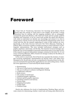 I
n Visual Tools for Transforming Information Into Knowledge (2nd edition), David
Hyerle takes the concept of visual tools to new heights. He provides a strong
theoretical base by starting with the mapping metaphor. Just as cartography
increased the speed and efficiency with which new lands and new people could be
identified and connected, so too do visual tools escalate the speed and efficiency
with which an individual can identify new knowledge and connect it to what is
already known. Hyerle reviews not only the theoretical underpinnings of the use of
visual tools but also the research supporting it—some of that research my own.
Specifically, in the book Classroom Instruction That Works (Marzano, Pickering, &
Pollock, 2001), I reviewed a number of studies focusing on what I referred to as non-
linguistic representations. This term included instructional strategies such as
graphic organizers, mind maps, and the like. The research I reviewed strongly sup-
ported the use of such strategies as powerful instructional tools. In my latest review
of the research on general instructional strategies contained in the book The Art and
Science of Teaching (Marzano, 2007), I found even stronger evidence for the efficacy of
nonlinguistic representations.
In his work on visual tools, David Hyerle has expanded the frontiers of strate-
gies involving nonlinguistic representations far beyond what I and others have
attempted to do. He provides not only a comprehensive theoretical basis for the effi-
cacy of visual tools but expands their application to new and exciting arenas. A short
list of the applications of visual tools Hyerle details includes
• Brainstorming
• The use of visual tools for facilitating habits of mind
• The use of software to enhance nonlinguistic thinking
• Collaborative reflection
• Book reviews
• The creation of mindscapes
• Traditional graphic organizers
• Domain-specific graphic organizers
• Chunking content to aid memory
• Process maps
• Mapping lesson plans
• System maps
• Feedback loops
Hyerle also addresses five levels of implementing Thinking Maps and pro-
vides criteria for determining whether visual tools are being used effectively by
Foreword
viii
 