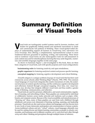 Summary Definition
of Visual Tools
V
isual tools are nonlinguistic symbol systems used by learners, teachers, and
leaders for graphically linking mental and emotional associations to create
and communicate rich patterns of thinking. These visual-spatial-verbal dis-
plays of understanding support all learners in transforming static information into
active knowledge, thus offering a complementary representational system to more
traditional literacies grounded in speaking, writing, and numerating. These linear
and/or nonlinear visual forms are also metacognitive tools for self-assessment in
each content area and for interdisciplinary learning that may unite linguistic, numer-
ical, and scientific languages together on the same page.
As shown in Summary Figure 1, and investigated in this book, there are three
basic categories of visual tools, each with specific purposes and visual configurations:
brainstorming webs for fostering creativity and open mindedness;
graphic organizers for fostering analytical content and process specific learning;
conceptual mapping for fostering cognitive development and critical thinking.
A fourth category is a unique synthesis language of visual tools that has been used
extensively across schools called Thinking Maps®
(Hyerle, 1990, 1996). This common
visual language of visual tools integrates the creative dynamism of webs, the analyt-
ical structures of content-specific learning, and the continuous cognitive development
and reflections fostered through conceptual mapping. Over time, new visual lan-
guages may develop that integrate different visual tools and thus enable a greater
range of thinking, communication, and reflection.
Visual tools are used for personal, collaborative, and social communication, negotia-
tion of meaning, and networking of ideas. These graphics are constructed by individual
or collaborative learners across media networks and mediums such as paper, white-
boards, and computer screens. Because of the visual accessibility and natural processes of
“drawing out” ideas, many of these graphics are used from early childhood through
adulthood, and across every dimension of learning, teaching, assessing, and leadership
processes. Visual tools are also used across cultures and languages and may become keys
to new levels of more democratic participation and communication in human systems.
Across traditional cultures and new “virtual” cultures, visual languages ultimately may
be used for uniting diverse and distant learning communities as people in schools, com-
munities, and businesses and in different countries seek to understand each other through
seeing each others’ thinking and perceptions through multiple frames of reference.
xix
 