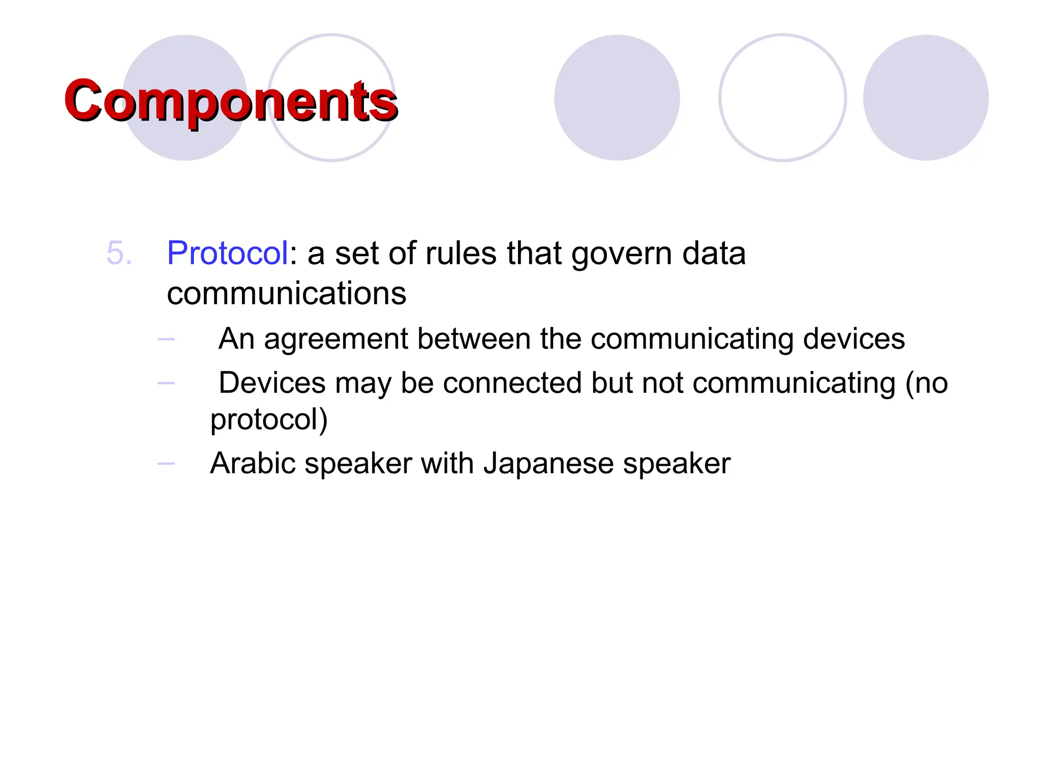 Components
Components
5. Protocol: a set of rules that govern data
communications
– An agreement between the communicating devices
– Devices may be connected but not communicating (no
protocol)
– Arabic speaker with Japanese speaker
 