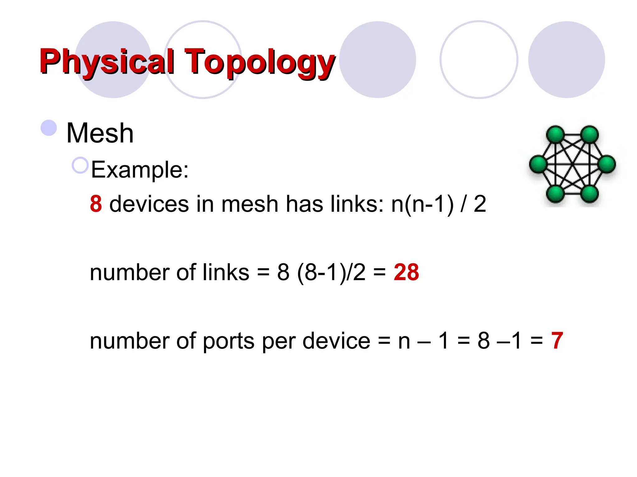 Physical Topology
Physical Topology
Mesh
Example:
8 devices in mesh has links: n(n-1) / 2
number of links = 8 (8-1)/2 = 28
number of ports per device = n – 1 = 8 –1 = 7
 