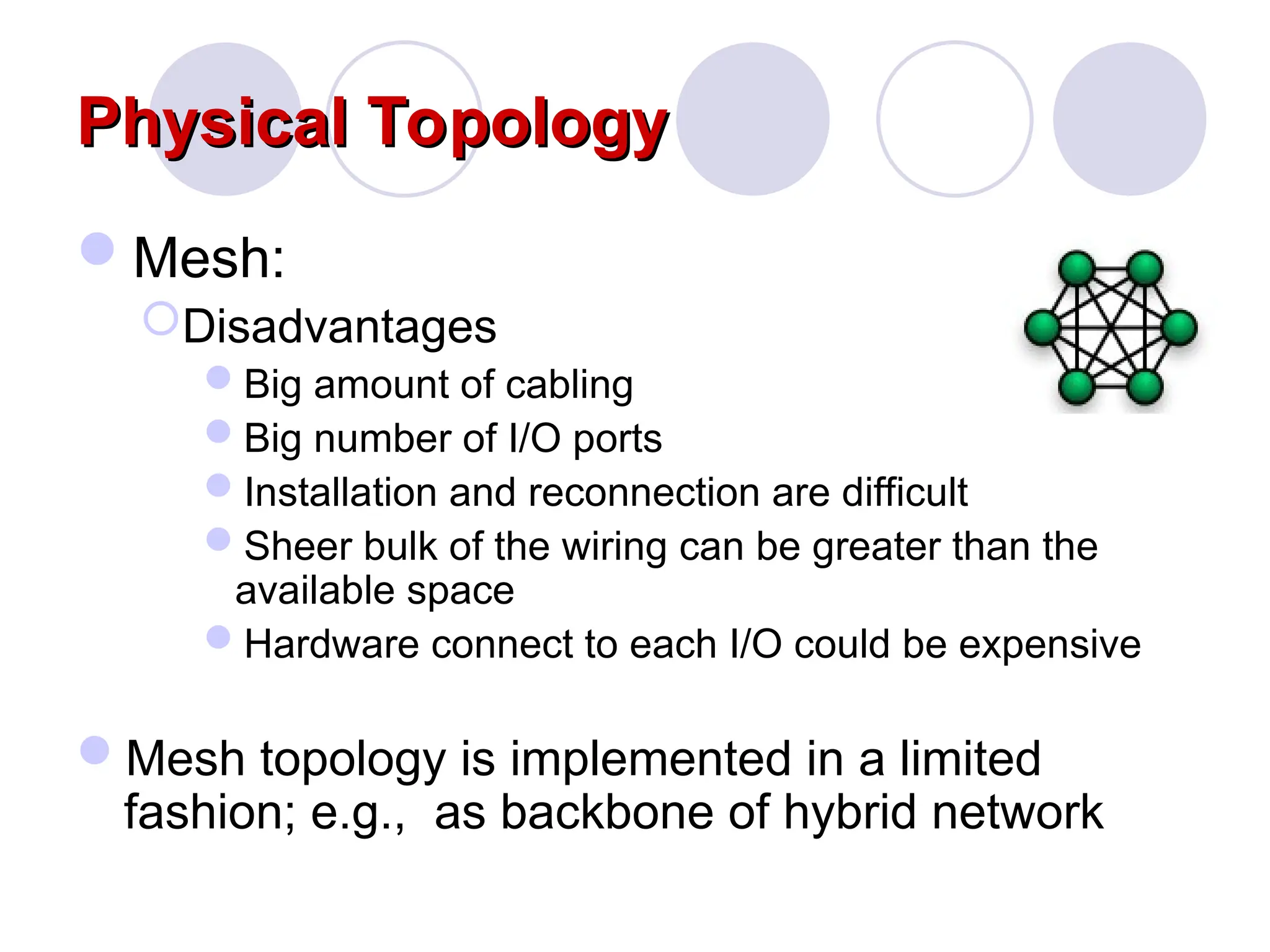 Physical Topology
Physical Topology
Mesh:
Disadvantages
Big amount of cabling
Big number of I/O ports
Installation and reconnection are difficult
Sheer bulk of the wiring can be greater than the
available space
Hardware connect to each I/O could be expensive
Mesh topology is implemented in a limited
fashion; e.g., as backbone of hybrid network
 