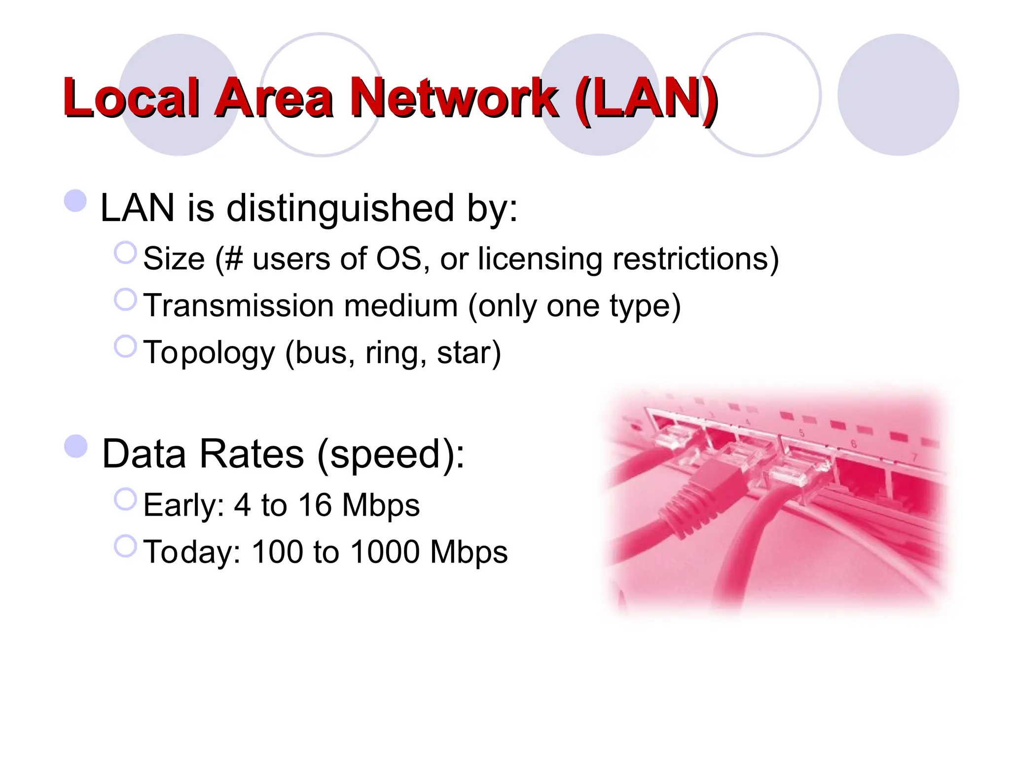 Local Area Network (LAN)
Local Area Network (LAN)
LAN is distinguished by:
Size (# users of OS, or licensing restrictions)
Transmission medium (only one type)
Topology (bus, ring, star)
Data Rates (speed):
Early: 4 to 16 Mbps
Today: 100 to 1000 Mbps
 