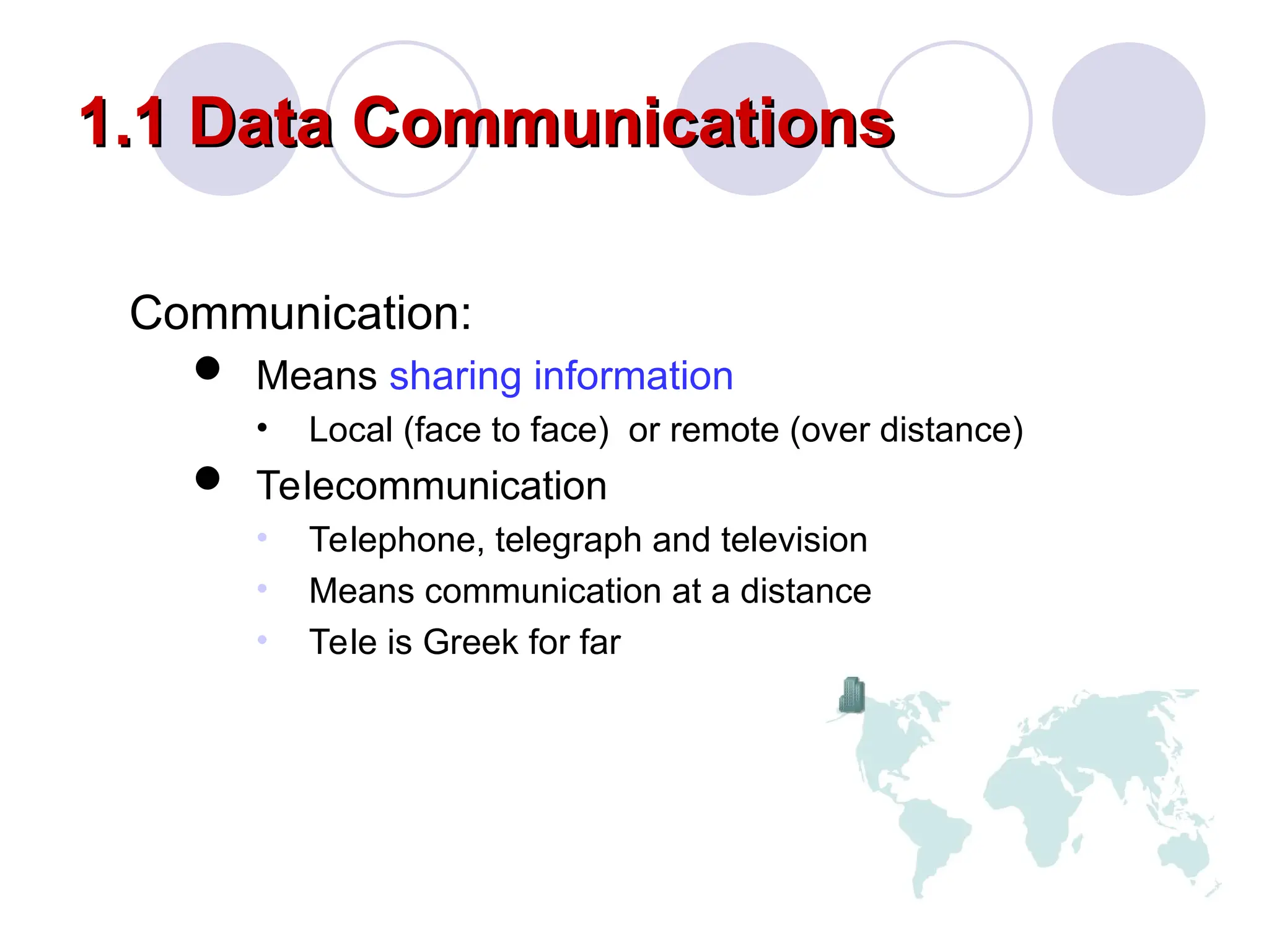 1.1 Data Communications
1.1 Data Communications
Communication:
 Means sharing information
• Local (face to face) or remote (over distance)
 Telecommunication
• Telephone, telegraph and television
• Means communication at a distance
• Tele is Greek for far
 