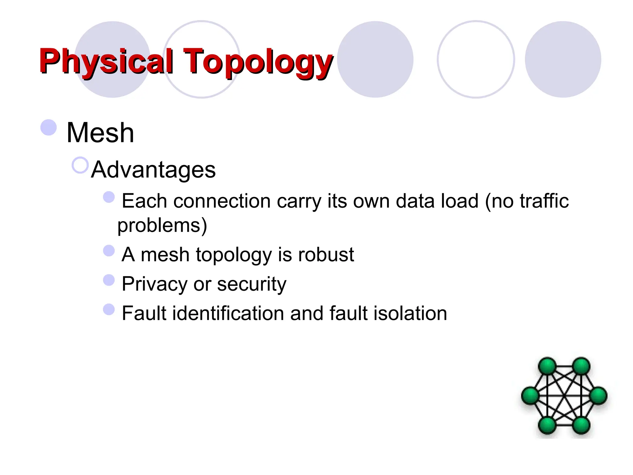 Physical Topology
Physical Topology
Mesh
Advantages
Each connection carry its own data load (no traffic
problems)
A mesh topology is robust
Privacy or security
Fault identification and fault isolation
 