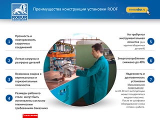 Преимущества конструкции установки ROOF
1
2
4
3
Размеры рабочего
стола могут быть
изготовлены согласно
техническим
требованиям Заказчика
5
6
7
Возможна сварка в
вертикальных и
горизонтальных
плоскостях
Легкая загрузка и
разгрузка деталей
Прочность и
повторяемость
сварочных
соединений
Надежность и
долговечность
установки
Максимальное
повреждение:
за 20-30 лет эксплуатации
может поцарапаться
медная пластина.
После ее шлифовки
оборудование снова
готово к работе.
Энергопотребление
снижено до 40%
Не требуется
инструментальная
оснастка (для
крупногабаритных
деталей)
 