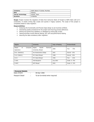 Company HDFC Bank IT Center, Mumbai
Role Testing
Tool & Technology Oracle, Toad.
Duration 4 Months
Scope: Project involves the migration of Data from Centurion Bank of Punjab to HDFC Bank with all it
constraints. It entails writing SQL scripts and queries in legacy systems. The scope of this project is
completely based on data migration.
Responsibilities:
 Analyzing the functionality and Process Gaps design as per business artifacts.
 Overseeing quality procedures for the project and ensuring process adherence.
 Writing and performing validation on database by writing SQL scripts.
 Testing activities involve Manual Testing, SIT, UAT and performance testing.
 Assuring the data consistency after migration.
Degree University Year of Passing Division/Grade
Master of Computer
Application
Rajeev Gandhi Technical
University, Bhopal
2006 First 75%
B.Sc. (Statistics) Sw.Vivekananda College 2001 Second 53%
H.S.C (Math’s) M.P. Board Bhopal 1998 Second 53%
S.S.C M.P. Board Bhopal 1996 First 63%
C-DAC VSS Bangalore July-2002 Grade A 75%
G-NIIT NIIT Bhopal 2002 Grade A 74%
Personal Details
Date of Birth : 09-Apr-1980
Passport Detail : To be furnished when required
 