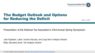 Presentation at the National Tax Association’s 53rd Annual Spring Symposium
May 11, 2023
Julie Topoleski, Labor, Income Security, and Long-Term Analysis Division
Molly Saunders-Scott, Tax Analysis Division
The Budget Outlook and Options
for Reducing the Deficit
For more information about the symposium, see https://ntanet.org/2023/01/53rd-annual-spring-symposium/.
 