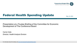 Presentation at a Trustee Briefing of the Committee for Economic
Development of The Conference Board
May 16, 2023
Carrie Colla
Director, Health Analysis Division
Federal Health Spending Update
For information about the meeting, see www.ced.org/people/trustees/briefings-public.
 
