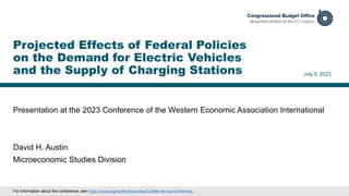 Presentation at the 2023 Conference of the Western Economic Association International
July 5, 2023
David H. Austin
Microeconomic Studies Division
Projected Effects of Federal Policies
on the Demand for Electric Vehicles
and the Supply of Charging Stations
For information about the conference, see https://weai.org/conferences/view/13/98th-Annual-Conference.
 