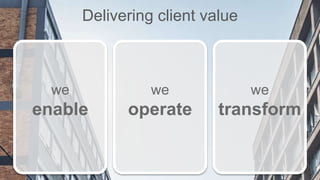 accelerate your ambition 15
Click to edit Master title style
we
operate
we
transform
we
enable
Delivering client value
 