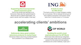 Supporting Electrocomponents’
global expansion goals
“One of the things that attracted us to
Dimension Data was their global footprint.
Because we’re a global organization, we
need a vendor who can supply in that way.”
A bank-in-a-box
for ING Direct
“The bank-in-a-box is a major strategic enabler
for our business. We’ve reduced the amount of
time it takes to provision a full version of the
bank from 3 months down to 10 minutes”
Kathmandu takes great outdoor
adventure products to market faster
“Dimension Data’s cloud has provided freedom
from constraint in our infrastructure.”
Building the world’s most
sophisticated port for DP World
“Dimension Data delivered an integrated,
end-to-end data center and IT infrastructure
solution for the entire terminal systems
architecture at London Gateway ‘super port’.”
accelerating clients’ ambitions
 