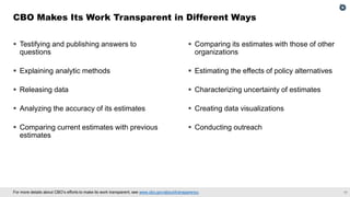 17
For more details about CBO’s efforts to make its work transparent, see www.cbo.gov/about/transparency.
▪ Testifying and publishing answers to
questions
▪ Explaining analytic methods
▪ Releasing data
▪ Analyzing the accuracy of its estimates
▪ Comparing current estimates with previous
estimates
▪ Comparing its estimates with those of other
organizations
▪ Estimating the effects of policy alternatives
▪ Characterizing uncertainty of estimates
▪ Creating data visualizations
▪ Conducting outreach
CBO Makes Its Work Transparent in Different Ways
 