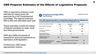 4
For additional information about CBO’s cost estimates, see www.cbo.gov/cost-estimates.
CBO is required to produce a cost
estimate for nearly every bill
approved by a full Congressional
committee. The agency produces
600 to 800 cost estimates each year.
Those estimates include the impact
of federal mandates on state, local,
and tribal governments.
CBO also fulfills thousands of
requests for technical assistance as
lawmakers draft legislation.
Furthermore, CBO tracks
appropriation actions.
CBO Prepares Estimates of the Effects of Legislative Proposals
 