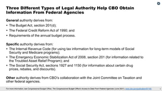 8
For more information, see Congressional Budget Office, The Congressional Budget Office’s Access to Data From Federal Agencies (June 2021), www.cbo.gov/publication/57150.
General authority derives from:
▪ The Budget Act, section 201(d);
▪ The Federal Credit Reform Act of 1990; and
▪ Requirements of the annual budget process.
Specific authority derives from:
▪ The Internal Revenue Code (for using tax information for long-term models of Social
Security and Medicare programs);
▪ The Emergency Economic Stabilization Act of 2008, section 201 (for information related to
the Troubled Asset Relief Program); and
▪ The Social Security Act, sections 1927 and 1150 (for information about certain drug
prices, rebates, and discounts).
Other authority derives from CBO’s collaboration with the Joint Committee on Taxation and
other federal agencies.
Three Different Types of Legal Authority Help CBO Obtain
Information From Federal Agencies
 