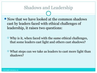 © 2015 SAGE Publications, Inc.
Shadows and Leadership
Now that we have looked at the common shadows
cast by leaders faced with ethical challenges of
leadership, it raises two questions:
 Why is it, when faced with the same ethical challenges,
that some leaders cast light and others cast shadows?
 What steps can we take as leaders to cast more light than
shadows?
 