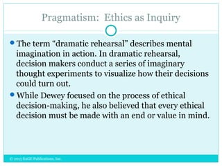 Pragmatism: Ethics as Inquiry
The term “dramatic rehearsal” describes mental
imagination in action. In dramatic rehearsal,
decision makers conduct a series of imaginary
thought experiments to visualize how their decisions
could turn out.
While Dewey focused on the process of ethical
decision-making, he also believed that every ethical
decision must be made with an end or value in mind.
© 2015 SAGE Publications, Inc.
 