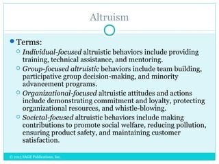 Altruism
Terms:
 Individual-focused altruistic behaviors include providing
training, technical assistance, and mentoring.
 Group-focused altruistic behaviors include team building,
participative group decision-making, and minority
advancement programs.
 Organizational-focused altruistic attitudes and actions
include demonstrating commitment and loyalty, protecting
organizational resources, and whistle-blowing.
 Societal-focused altruistic behaviors include making
contributions to promote social welfare, reducing pollution,
ensuring product safety, and maintaining customer
satisfaction.
© 2015 SAGE Publications, Inc.
 