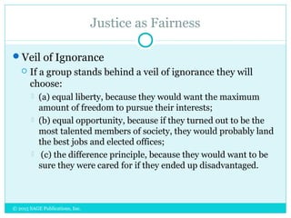 Justice as Fairness
Veil of Ignorance
 If a group stands behind a veil of ignorance they will
choose:
 (a) equal liberty, because they would want the maximum
amount of freedom to pursue their interests;
 (b) equal opportunity, because if they turned out to be the
most talented members of society, they would probably land
the best jobs and elected offices;
 (c) the difference principle, because they would want to be
sure they were cared for if they ended up disadvantaged.
© 2015 SAGE Publications, Inc.
 