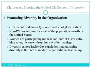 Chapter 10. Meeting the Ethical Challenges of Diversity
 Promoting Diversity in the Organization
 Greater cultural diversity is one product of globalization.
 Non-Whites account for most of the population growth in
the United States.
 Women are participating in the labor force at historically
high rates, no longer dropping out after marriage.
 Diversity expert Taylor Cox concludes that managing
diversity is the core of modern organizational leadership.
© 2015 SAGE Publications, Inc.
 