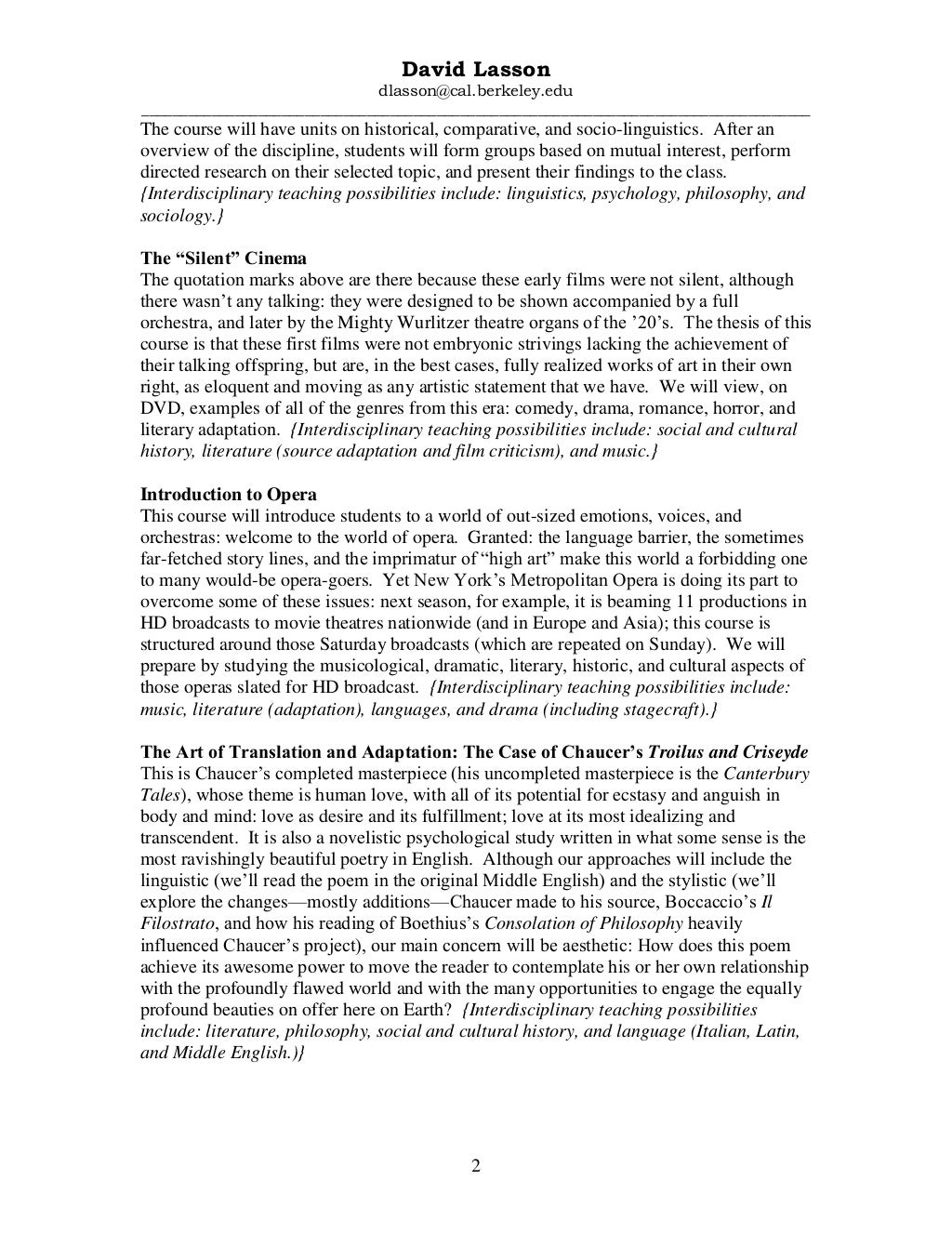 David Lasson's Elective Course Descriptions in the Arts and Humanities