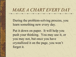 MAKE A CHART EVERY DAY
During the problem-solving process, you
learn something new every day.
Put it down on paper. It will help you
push your thinking. You may use it, or
you may not, but once you have
crystallized it on the page, you won’t
forget it.
 