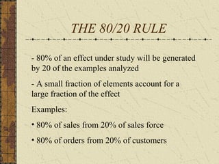 THE 80/20 RULE
- 80% of an effect under study will be generated
by 20 of the examples analyzed
- A small fraction of elements account for a
large fraction of the effect
Examples:
• 80% of sales from 20% of sales force
• 80% of orders from 20% of customers
 