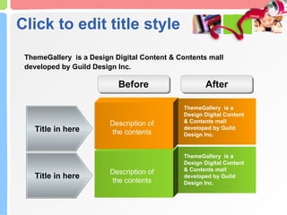 Click to edit title style Description of the contents Title in here Title in here ThemeGallery  is a Design Digital Content & Contents mall developed by Guild Design Inc. Before After Description of the contents ThemeGallery  is a Design Digital Content & Contents mall developed by Guild Design Inc. ThemeGallery  is a Design Digital Content & Contents mall developed by Guild Design Inc. 
