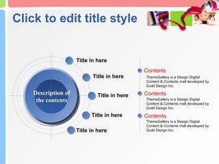 Click to edit title style Contents Contents Contents ThemeGallery is a Design Digital Content & Contents mall developed by Guild Design Inc. ThemeGallery is a Design Digital Content & Contents mall developed by Guild Design Inc. ThemeGallery is a Design Digital Content & Contents mall developed by Guild Design Inc. Title in here Title in here Title in here Title in here Title in here Description of the contents 